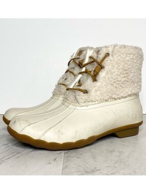 Sperry Saltwater Ivory Off White Faux Fur Duck Rain Boot 11M